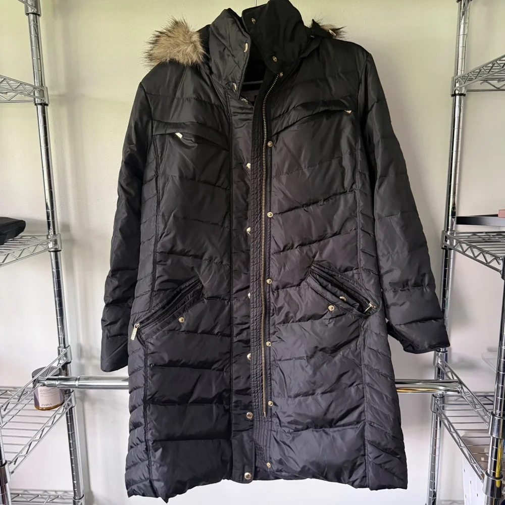 Michael Kors Black Down Puffer Coat Faux Fur Hood Long Parka Jacket Womens Large